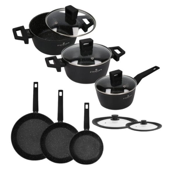 ZWIEGER FORTE Komplet garnków z pokrywkami 6 el /16, 18, 20 cm + Patelnia 20, 24, 28 cm+ pokrywki silikonowe / aluminium