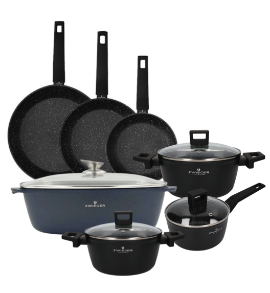 ZWIEGER FORTE Komplet garnków z pokrywkami 6 el /16, 18, 20 cm + Patelnie 20, 24, 28 cm + Brytfanna VERON / aluminium