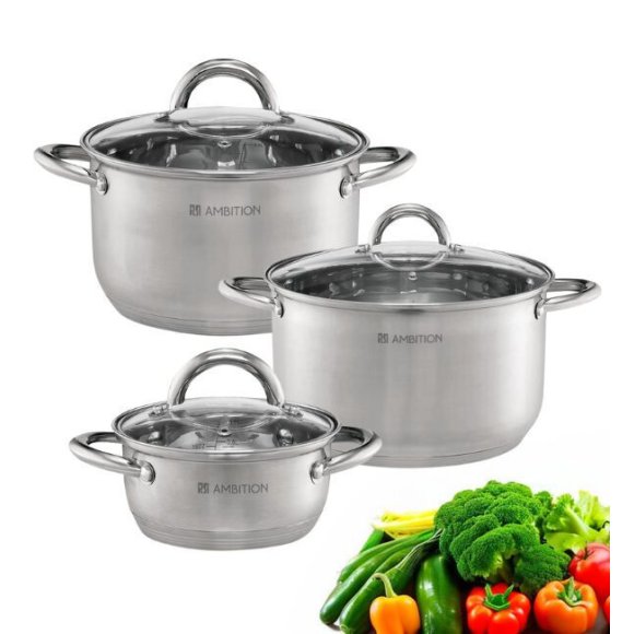 AMBITION SOLAR Komplet garnków z pokrywkami 6 el / stal nierdzewna / indukcja