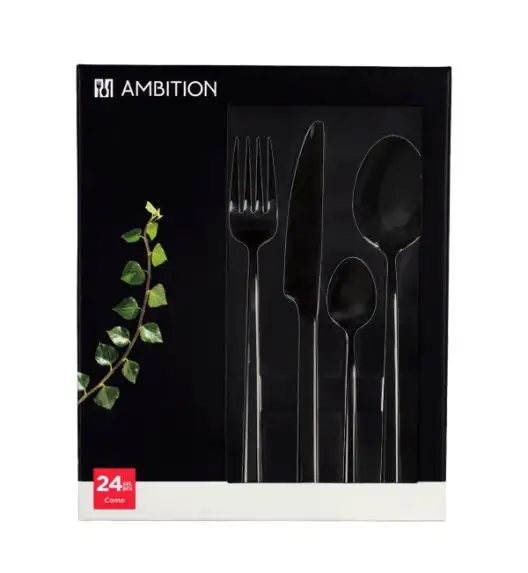 AMBITION COMO BLACK Komplet sztućców 36 el dla 6 osób w pudełku / czarne sztućce