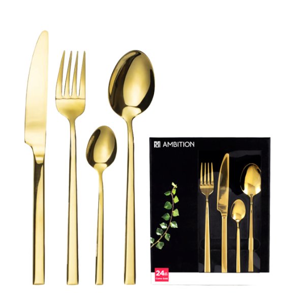 AMBITION COMO GOLD Komplet sztućców złotych 60 el dla 12 osób + 2x Łopatka do ciasta w pudełku