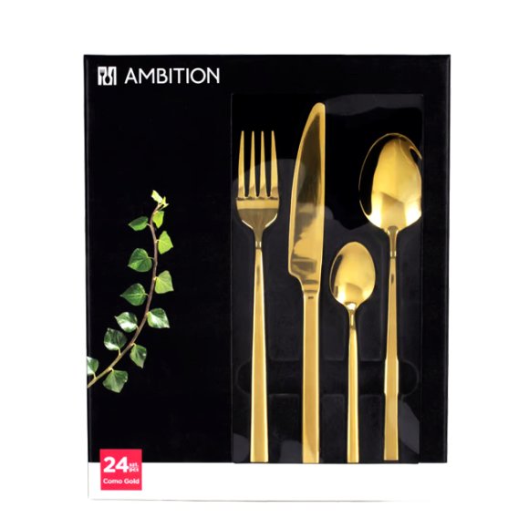 AMBITION COMO GOLD Komplet sztućców złotych 60 el dla 12 osób + 2x Łopatka do ciasta w pudełku