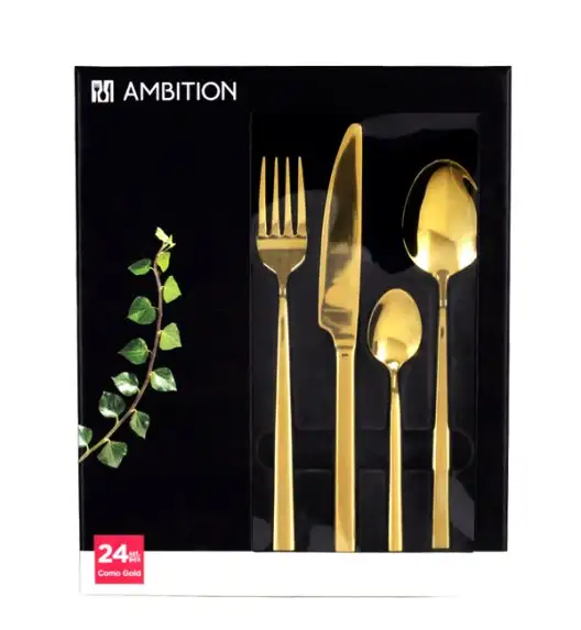 AMBITION COMO GOLD Komplet sztućców złotych 90 el dla 18 osób + 3x Łopatka do ciasta w pudełku