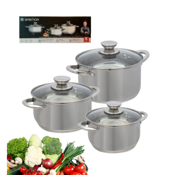 AMBITION LEA Komplet Garnki z pokrywkami 6 el / stal nierdzewna / 320045