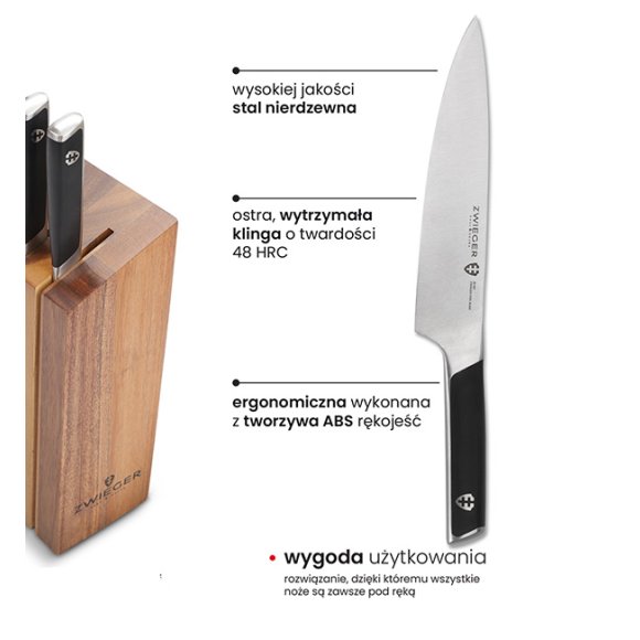 ZWIEGER MAGNETO Komplet 5 noży w bloku drewnianym / stal nierdzewna + drewno akacjowe