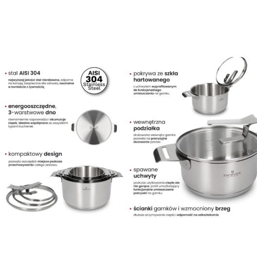 ZWIEGER VISIONARY Komplet 3 garnki z pokrywkami 16, 20, 24 cm / stal nierdzewna / indukcja