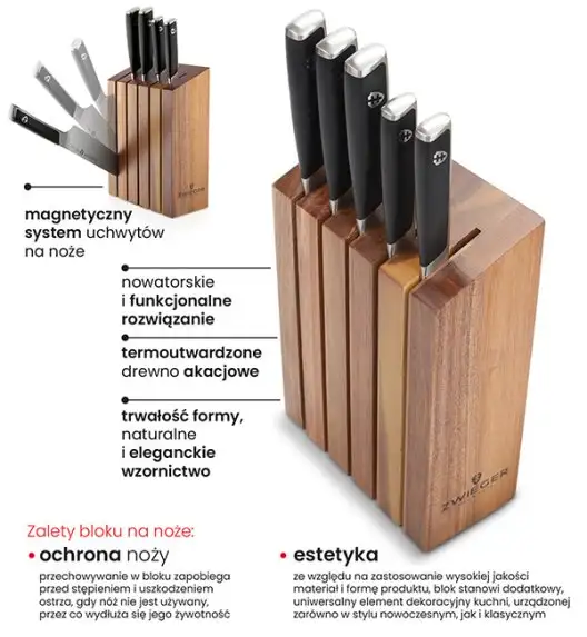 ZWIEGER MAGNETO Komplet 5 noży w bloku drewnianym / stal nierdzewna + drewno akacjowe + ostrzałka Rapid