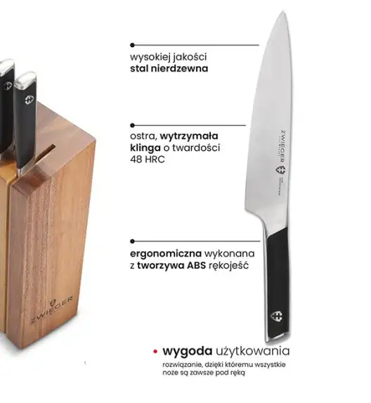 ZWIEGER MAGNETO Komplet 5 noży w bloku drewnianym / stal nierdzewna + drewno akacjowe + ostrzałka Rapid