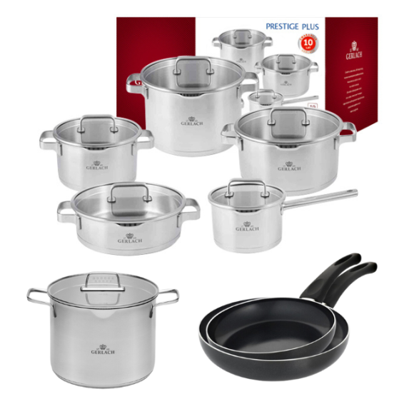 GERLACH PRESTIGE PLUS Komplet Garnki z pokrywkami 10 el / stal nierdzewna / INDUKCJA + Patelnia Initial 24, 28 cm +garnek 7 l Ambiente 