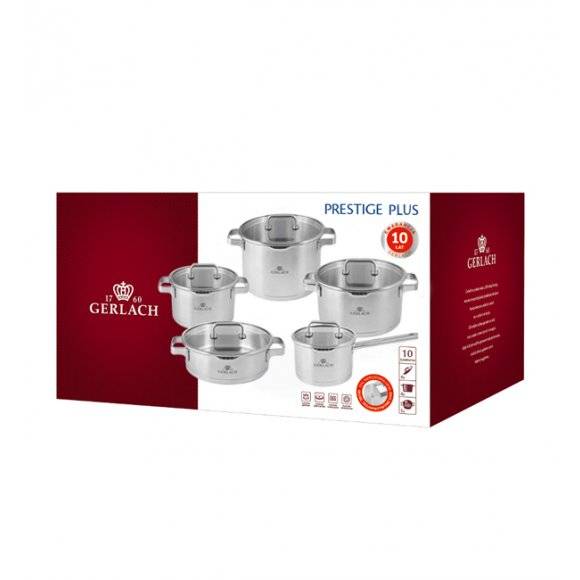 GERLACH PRESTIGE PLUS Komplet Garnki z pokrywkami 10 el / stal nierdzewna / INDUKCJA + Patelnia Initial 24, 28 cm +garnek 7 l Ambiente 