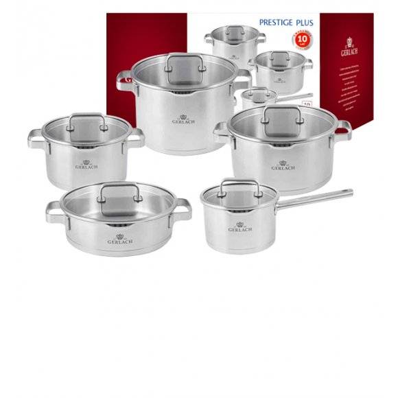 GERLACH PRESTIGE PLUS Komplet Garnki z pokrywkami 10 el / stal nierdzewna / INDUKCJA + Patelnia Initial 24, 28 cm +garnek 7 l Ambiente 