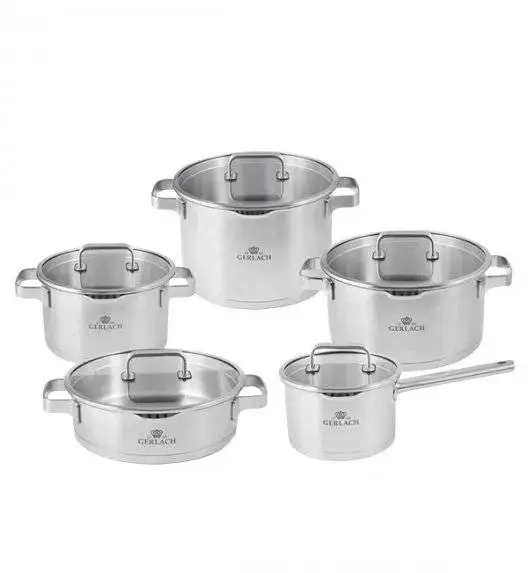 GERLACH PRESTIGE PLUS Komplet Garnki z pokrywkami 10 el / stal nierdzewna / INDUKCJA + Patelnia Initial 24, 28 cm +garnek 7 l Ambiente 