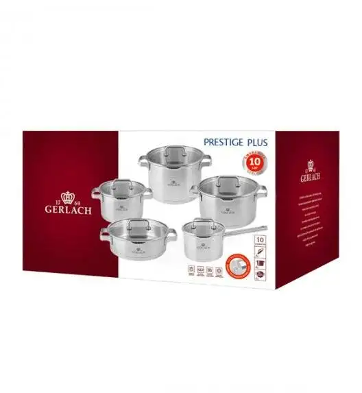 GERLACH PRESTIGE PLUS Komplet Garnki z pokrywkami 10 el + Patelnie Granitex 20, 28 cm + Pokrywki uniwersalne