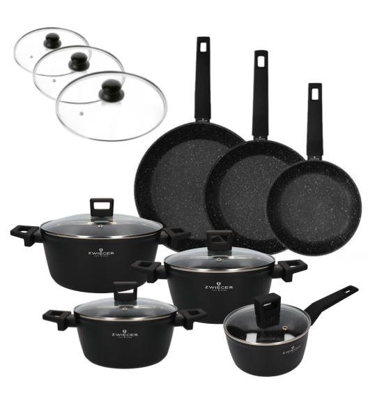 ZWIEGER FORTE Komplet garnków z pokrywkami / 16, 18, 20, 24 cm + Patelnie 20, 24, 28 cm + Pokrywki szklane KAIA HOME