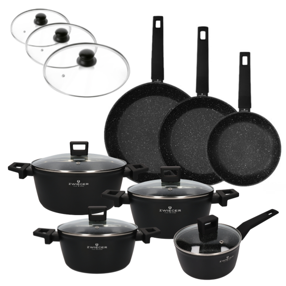 ZWIEGER FORTE Komplet garnków z pokrywkami / 16, 18, 20, 24 cm + Patelnie 20, 24, 28 cm + Pokrywki szklane KAIA HOME