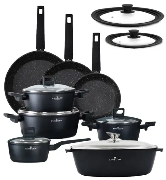 ZWIEGER FORTE Komplet garnków z pokrywkami / 16, 18, 20, 24 cm + Patelnie 20, 24, 28 cm + Pokrywki silikonowe + Brytfanna VERON