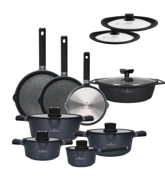 ZWIEGER VESNA Komplet 3 garnków z pokrywkami + Rondel 16 cm + Patelnie 20, 24, 28 cm + Brytfanna 32 cm + Pokrywki silikonowe TADAR