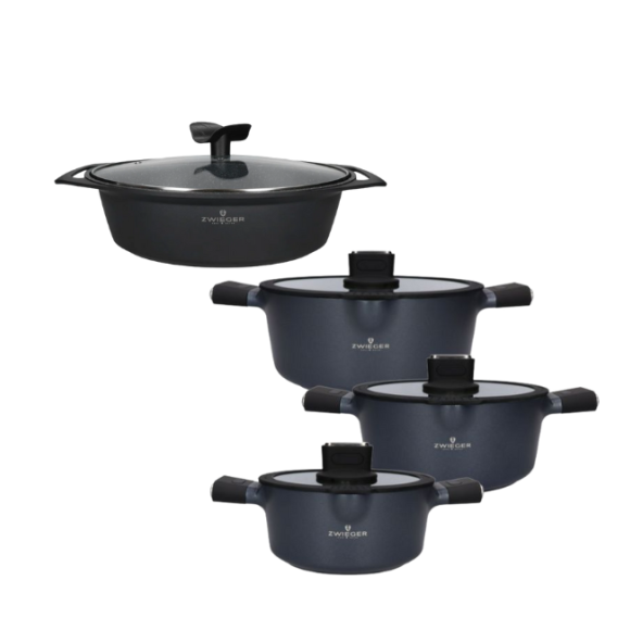 ZWIEGER VESNA Komplet 3 garnków z pokrywkami + Rondel 16 cm + Patelnie 20, 24, 28 cm + Brytfanna 33 cm + Pokrywki silikonowe TADAR