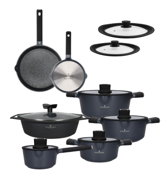 ZWIEGER VESNA Komplet garnków 6 el z pokrywkami 20, 24, 28 cm + Rondel 16 cm + Patelnie 20, 28 cm + Brytfanna 40 cm + Pokrywki silikonowe TADAR