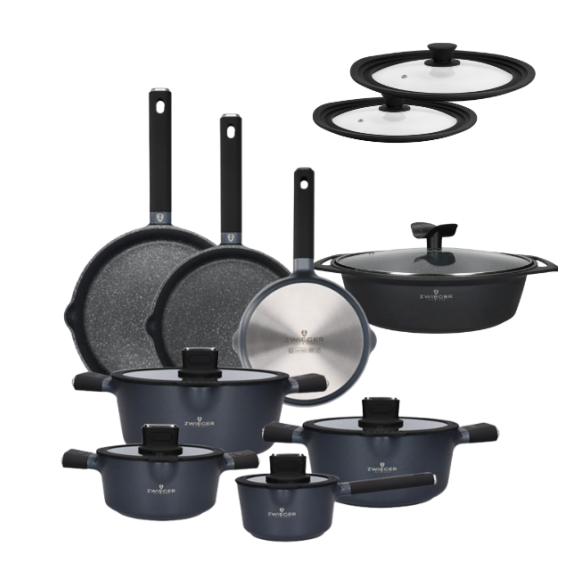 ZWIEGER VESNA Komplet garnków 6 el z pokrywkami 20, 24, 28 cm + Rondel 16 cm + Patelnie 20, 24, 28 cm + Brytfanna 33 cm + Pokrywki silikonowe TADAR