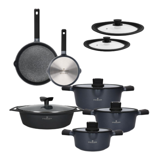 ZWIEGER VESNA Komplet garnków 6 el z pokrywkami 20, 24, 28 cm + Patelnie 20, 24, 28 cm + Brytfanna 40 cm + Pokrywki silikonowe TADAR