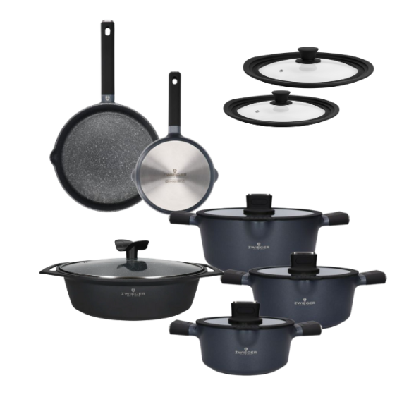 ZWIEGER VESNA Komplet garnków 6 el z pokrywkami 20, 24, 28 cm + Patelnie 20, 24, 28 cm + Brytfanna 33 cm + Pokrywki silikonowe TADAR