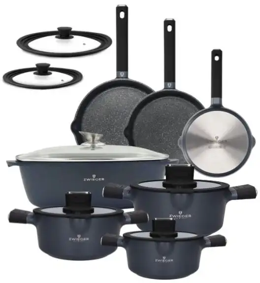 ZWIEGER VESNA Komplet garnków 6 el z pokrywkami 20, 24, 28 cm + Patelnie 20, 24, 28 cm + Brytfanna 32 cm + Pokrywki silikonowe TADAR