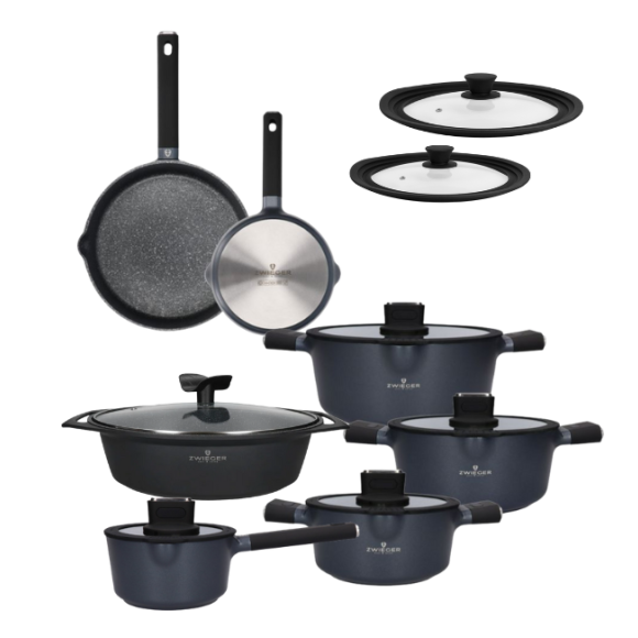 ZWIEGER VESNA Komplet garnków 6 el z pokrywkami 20, 24, 28 cm + Patelnie 20, 28 cm + Brytfanna 33 cm + Pokrywki silikonowe TADAR