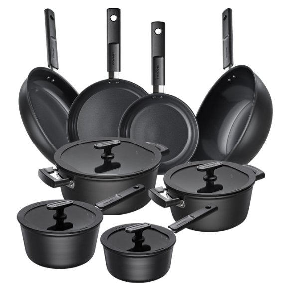FISKARS HARD FACE Komplet garnki z pokrywkami 8 el + Patelnie 20, 24, 28 cm + Wok / powłoka Ceratec™ Superior