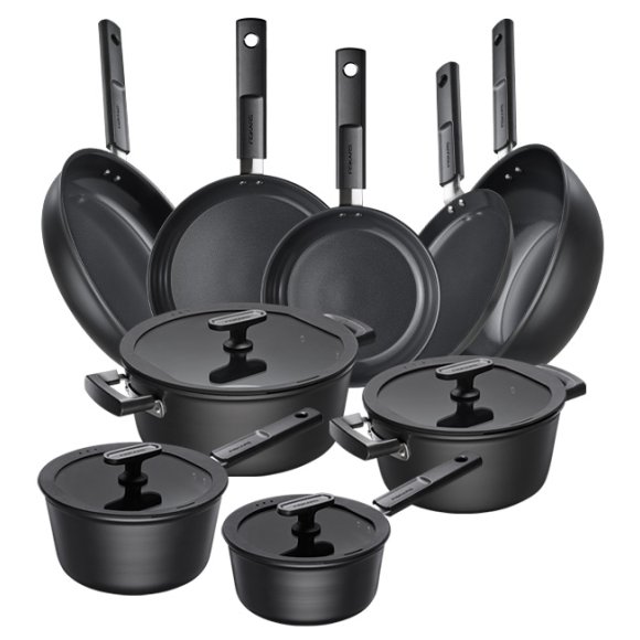 FISKARS HARD FACE Komplet garnki z pokrywkami 8 el + Patelnie 20, 24, 28 cm + Wok + naleśnikowa / powłoka Ceratec™ Superior
