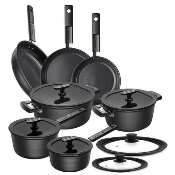 FISKARS HARD FACE Komplet garnki z pokrywkami 8 el + Patelnie 20, 24, 28 cm + pokrywki silikonoweTADAR / powłoka Ceratec™ Superior