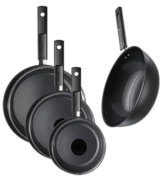 FISKARS HARD FACE Komplet garnki z pokrywkami 8 el + Patelnie 20, 24, 28 cm + pokrywki TADAR + Wok / powłoka Ceratec™ Superior