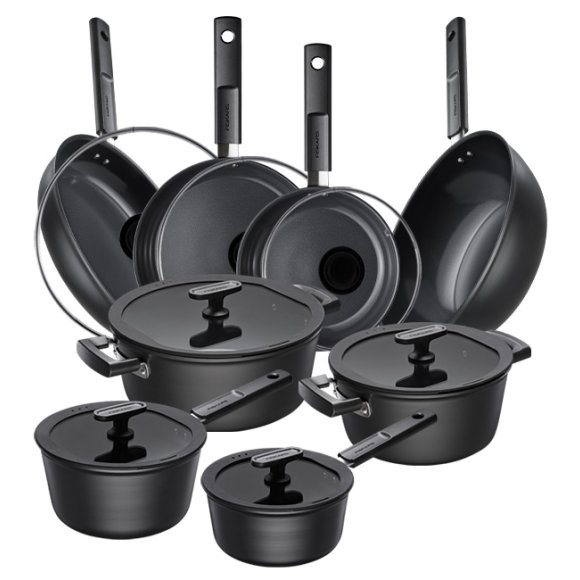 FISKARS HARD FACE Komplet garnki z pokrywkami 8 el + Patelnie 20, 24, 28 cm + pokrywki TADAR + Wok / powłoka Ceratec™ Superior