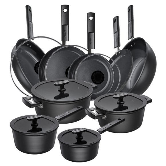 FISKARS HARD FACE Komplet garnki z pokrywkami 8 el + Patelnie 20, 24, 28 cm + pokrywki TADAR + Wok + naleśnikowa / powłoka Ceratec™ Superior