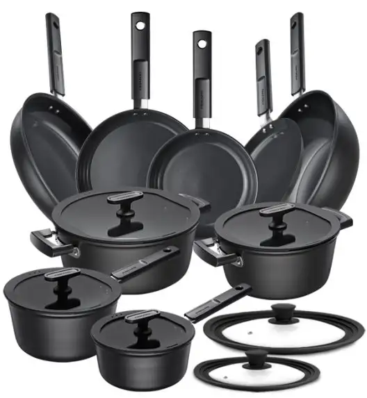 FISKARS HARD FACE Komplet garnki z pokrywkami 8 el + Patelnie 20, 24, 28 cm + pokrywki silikonoweTADAR + Wok + naleśnikowa / powłoka Ceratec™ Superior