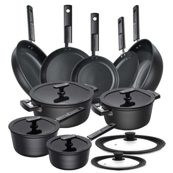 FISKARS HARD FACE Komplet garnki z pokrywkami 8 el + Patelnie 20, 24, 28 cm + pokrywki silikonoweTADAR + Wok + naleśnikowa / powłoka Ceratec™ Superior