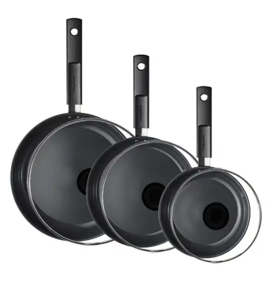 FISKARS HARD FACE Komplet patelnie 20, 24, 28 cm + pokrywki TADAR + naleśnikowa / powłoka Ceratec™ Superior