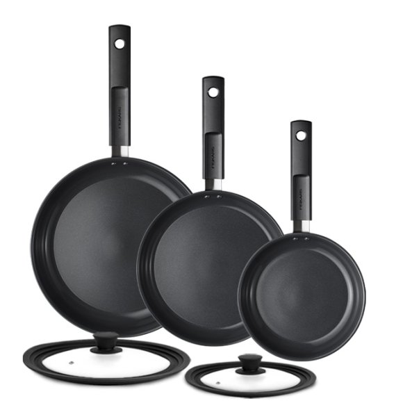 FISKARS HARD FACE Komplet patelnie 20, 24, 28 cm + pokrywki silikonowe TADAR / powłoka Ceratec™ Superior