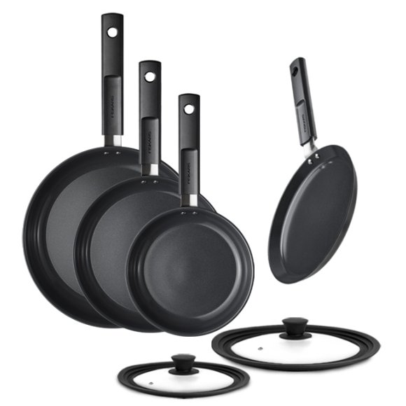 FISKARS HARD FACE Komplet patelnie 20, 24, 28 cm + pokrywki silikonowe TADAR + naleśnikowa / powłoka Ceratec™ Superior