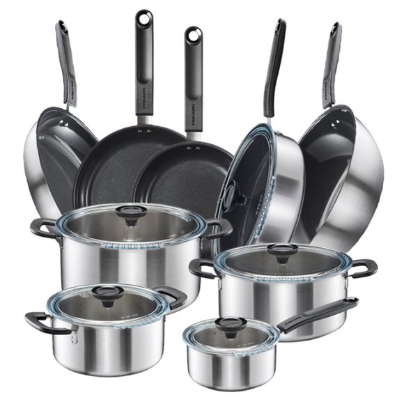 FISKARS FUNCTIONAL FORM Komplet garnki z pokrywkami 8 el + Patelnie 20, 24, 28 cm + Patelnia szefa + Wok / powłoka Ceratec™