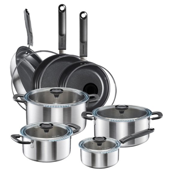 FISKARS FUNCTIONAL FORM Komplet garnki z pokrywkami 8 el + Patelnie 20, 24, 28 cm + pokrywki TADAR / powłoka Ceratec™
