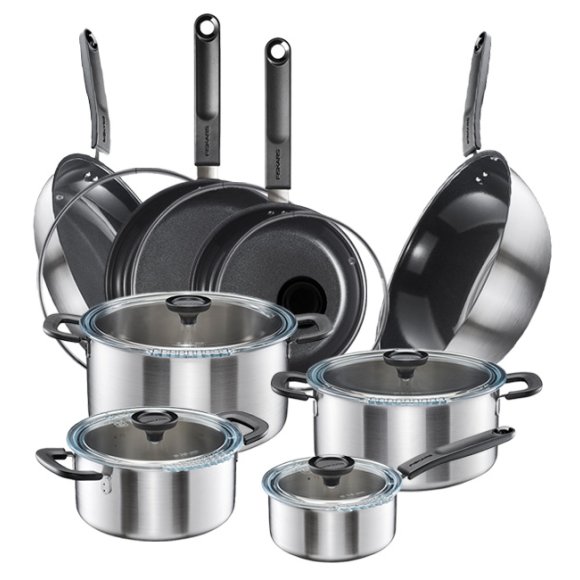 FISKARS FUNCTIONAL FORM Komplet garnki z pokrywkami 8 el + Patelnie 20, 24, 28 cm + pokrywki TADAR + Wok / powłoka Ceratec™