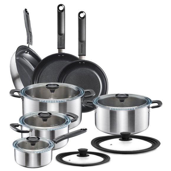 FISKARS FUNCTIONAL FORM Komplet garnki z pokrywkami 8 el + Patelnie 20, 24, 28 cm + pokrywki silikonowe TADAR / powłoka Ceratec™