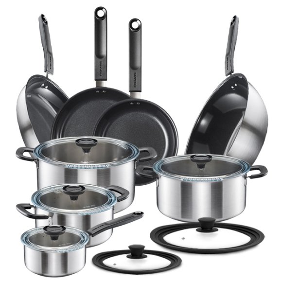 FISKARS FUNCTIONAL FORM Komplet garnki z pokrywkami 8 el + Patelnie 20, 24, 28 cm + pokrywki silikonowe TADAR + Wok / powłoka Ceratec™