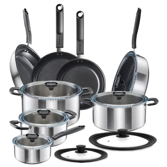 FISKARS FUNCTIONAL FORM Komplet garnki z pokrywkami 8 el + Patelnie 20, 24, 28 cm + pokrywki silikonowe TADAR + Patelnia szefa / powłoka Ceratec™