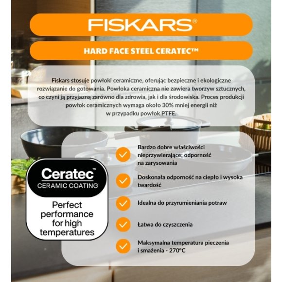 FISKARS FUNCTIONAL FORM Komplet patelni 20, 24, 28 cm + pokrywki TADAR + Patelnia szefa / powłoka Ceratec™