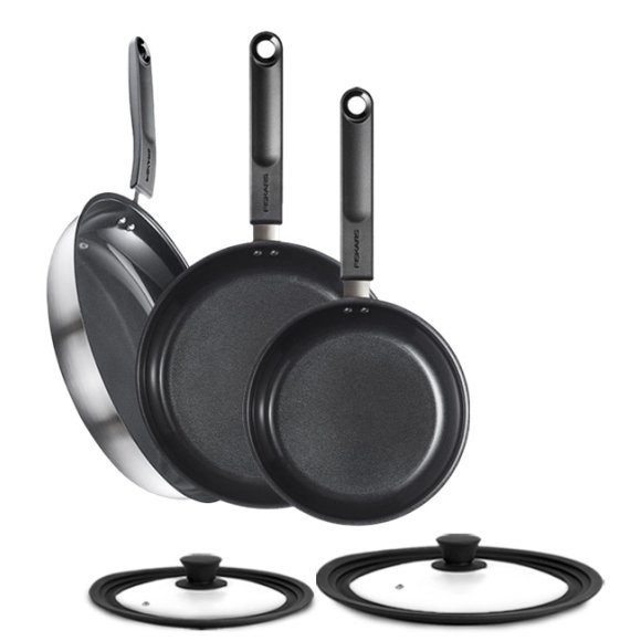 FISKARS FUNCTIONAL FORM Komplet patelni 20, 24, 28 cm + pokrywki silikonowe TADAR + Wok / powłoka Ceratec™