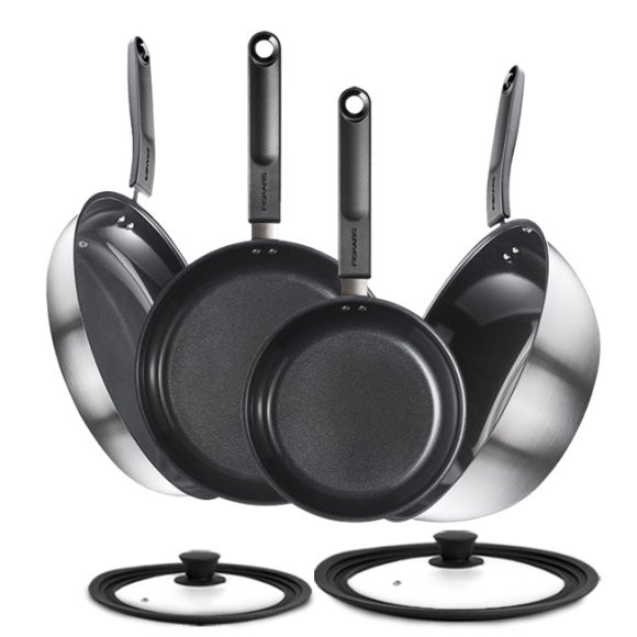 FISKARS FUNCTIONAL FORM Komplet patelni 20, 24, 28 cm + pokrywki silikonowe TADAR + Wok / powłoka Ceratec™