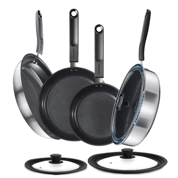 FISKARS FUNCTIONAL FORM Komplet patelni 20, 24, 28 cm + pokrywki silikonowe TADAR + Patelnia szefa / powłoka Ceratec™
