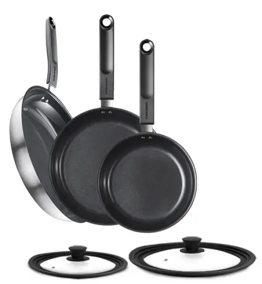 FISKARS FUNCTIONAL FORM Komplet patelni 20, 24, 28 cm + pokrywki silikonowe TADAR + Patelnia szefa + Wok / powłoka Ceratec™